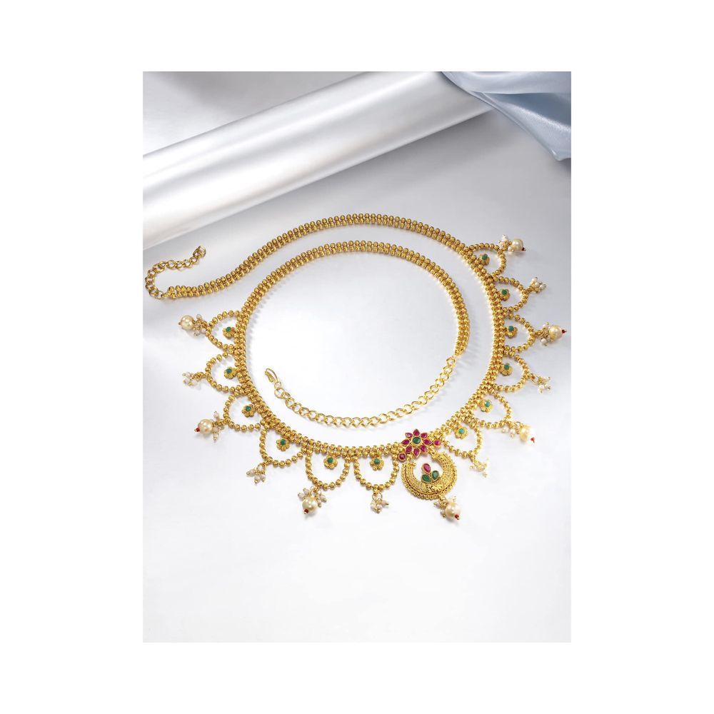 Peora Gold Plated Kundan Pearl Kamar Band Kamar Patta Belly Waist Chain Women