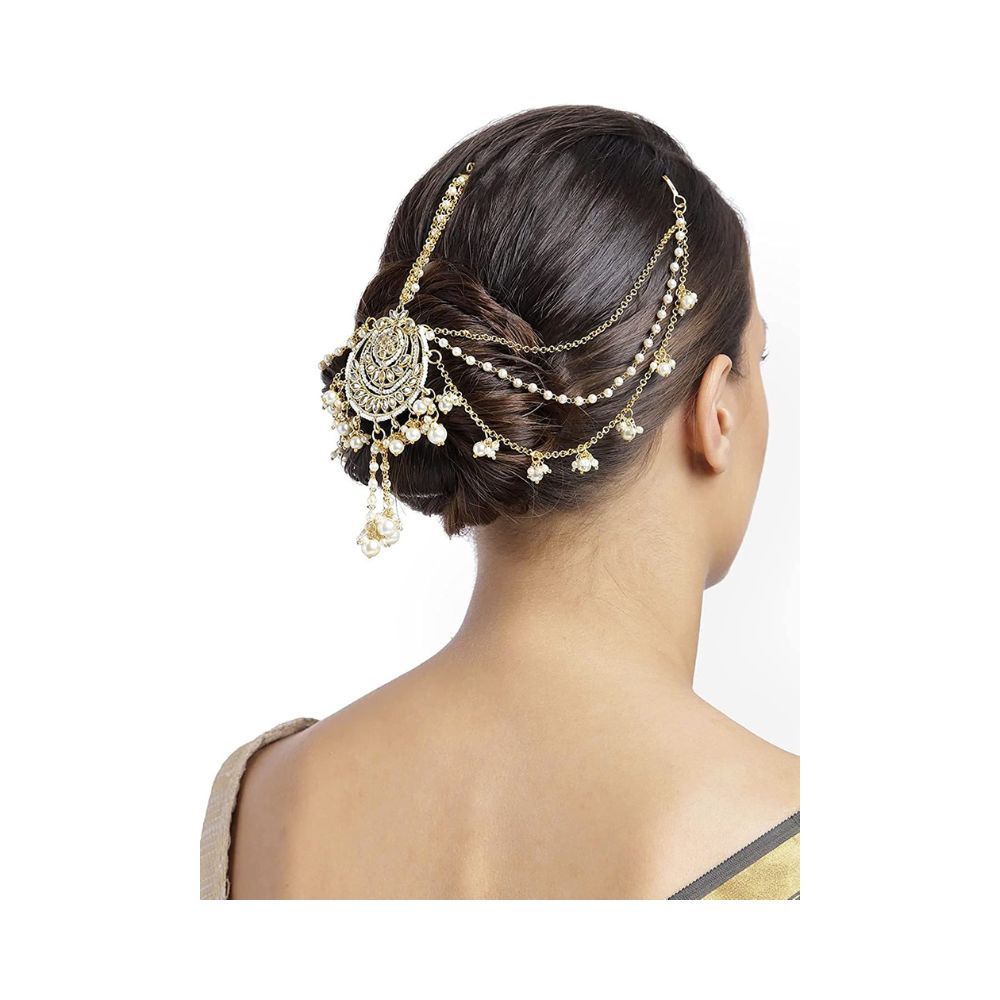 Peora Gold Plated Kundan Pearl Maang Tikka Matha Patti Jewellery for Women Girls
