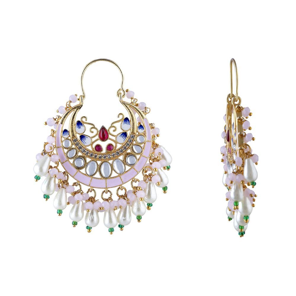 Peora Gold Plated Kundan Pearl Wedding Chandbali Earrings for Women