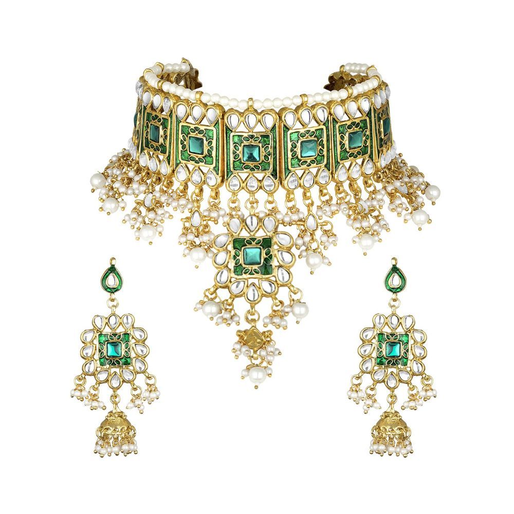 Peora Gold Plated Meenakari Bridal Choker Necklace Earring Jewellery Set