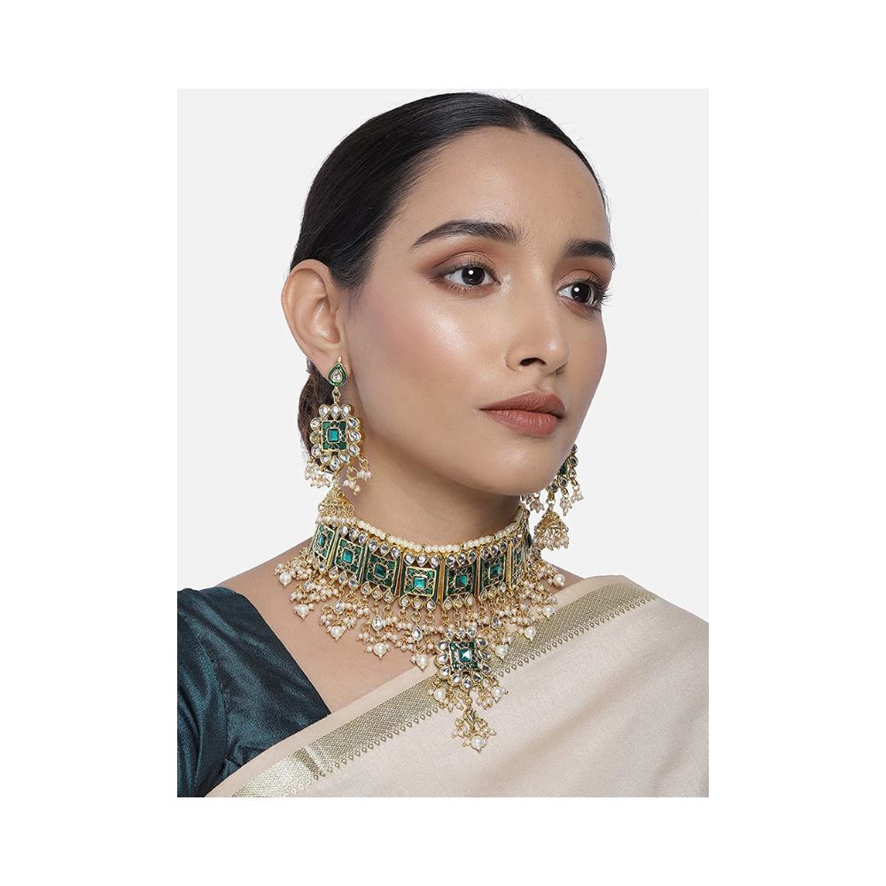 Peora Gold Plated Meenakari Bridal Choker Necklace Earring Jewellery Set