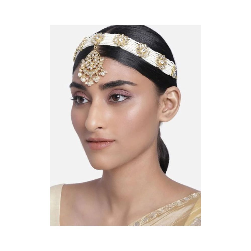 Peora Gold Plated Traditional Floral Kundan Pearl Studded Rajasthani Sheeshphool