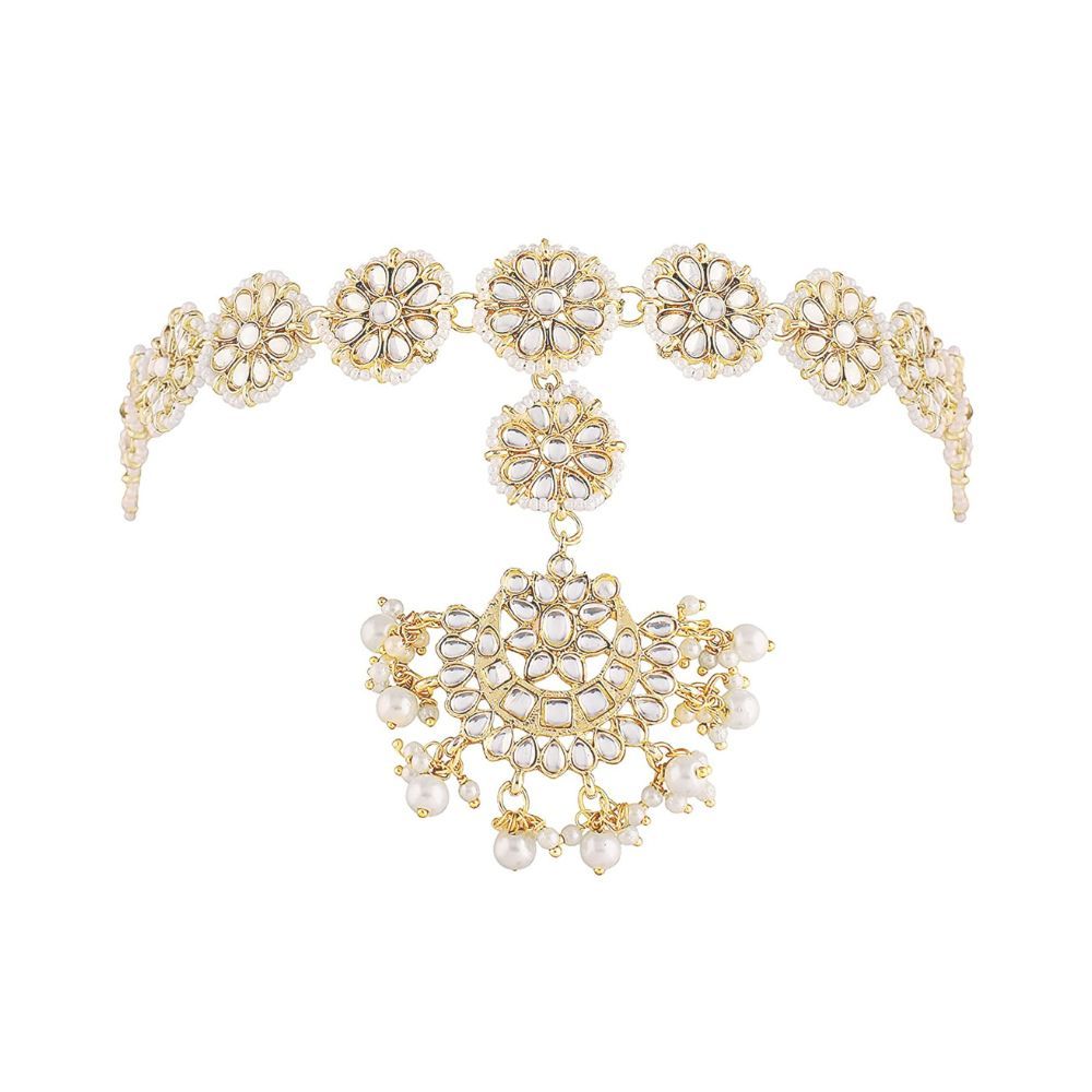 Peora Gold Plated Traditional Floral White Kundan Pearl Studded Rajasthani Sheeshphool