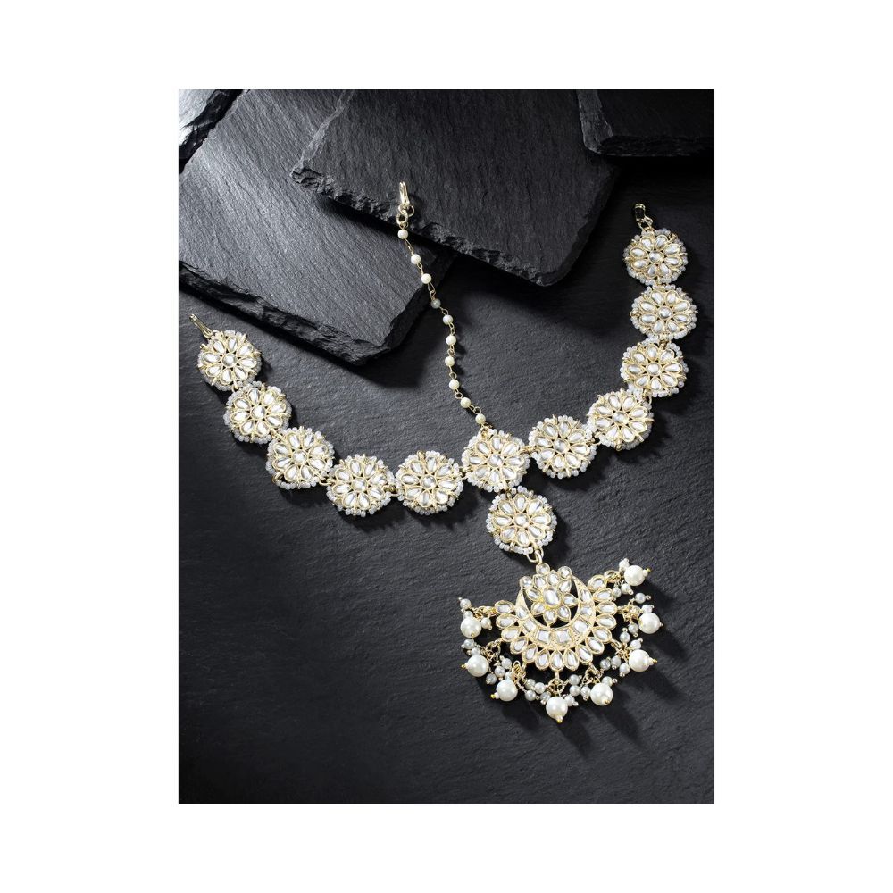 Peora Gold Plated Traditional Floral White Kundan Pearl Studded Rajasthani Sheeshphool