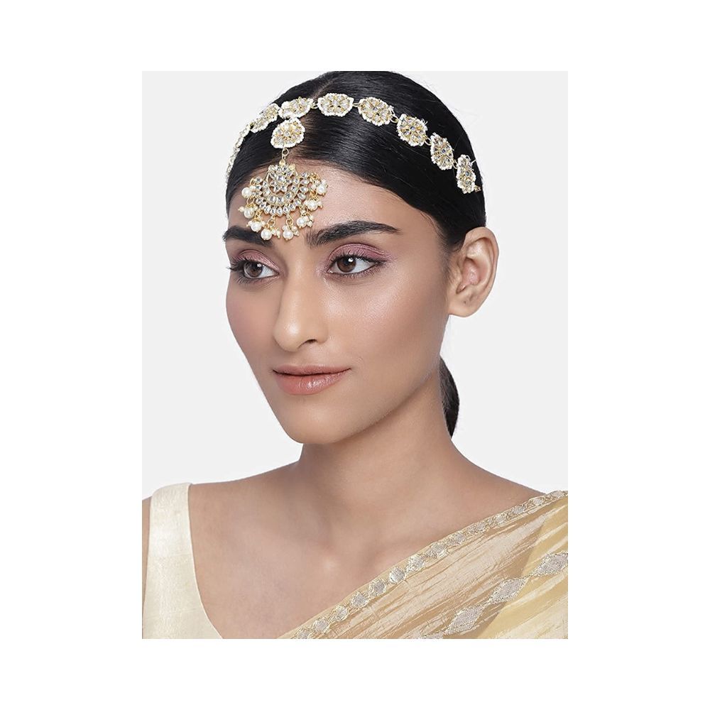 Peora Gold Plated Traditional Floral White Kundan Pearl Studded Rajasthani Sheeshphool