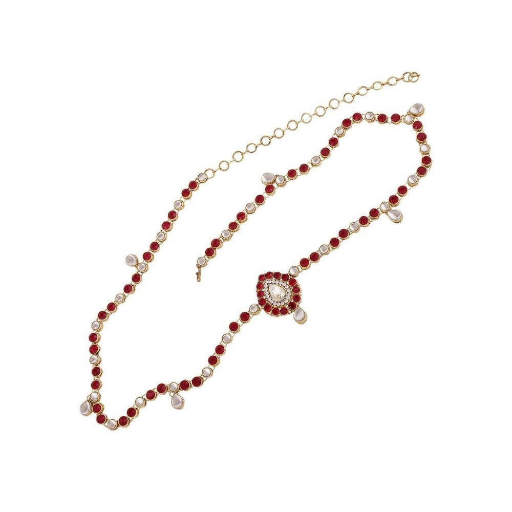 Peora Gold Plated Traditional Kundan Red Belly Chain Kamar Patta Kamarband