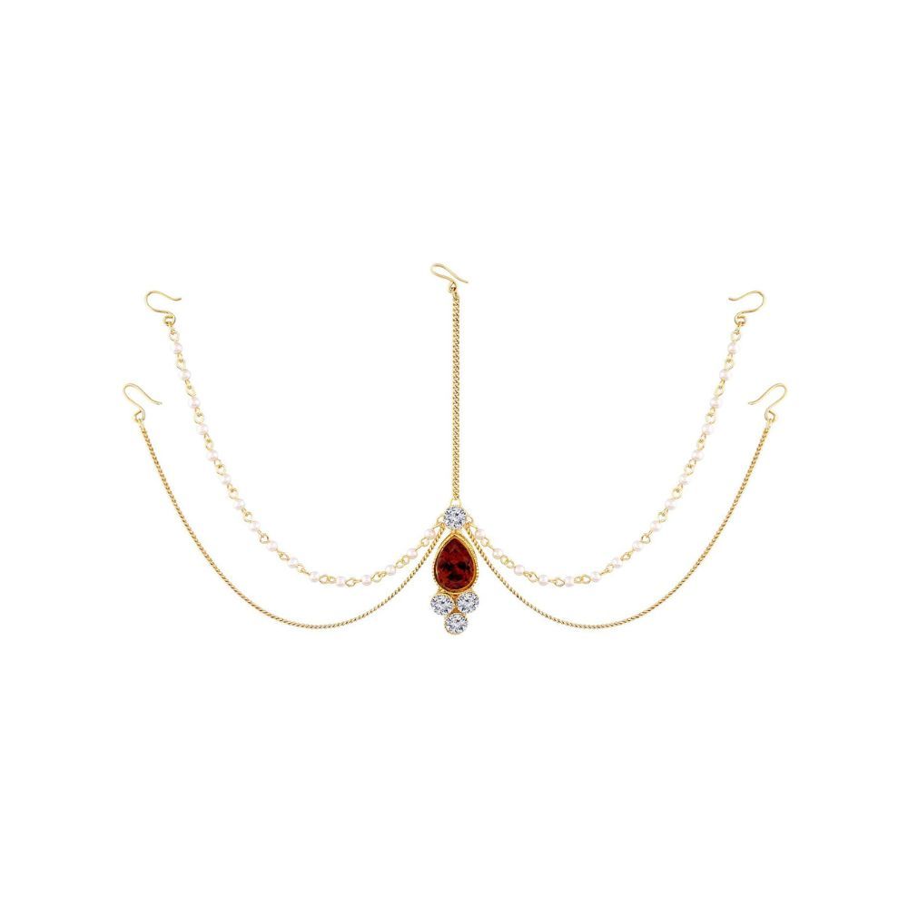 Peora Gold Plated Wedding Bridal Crystal Pearl Bahubali Maang Tikka Hair Accessary Matha Patti for Women
