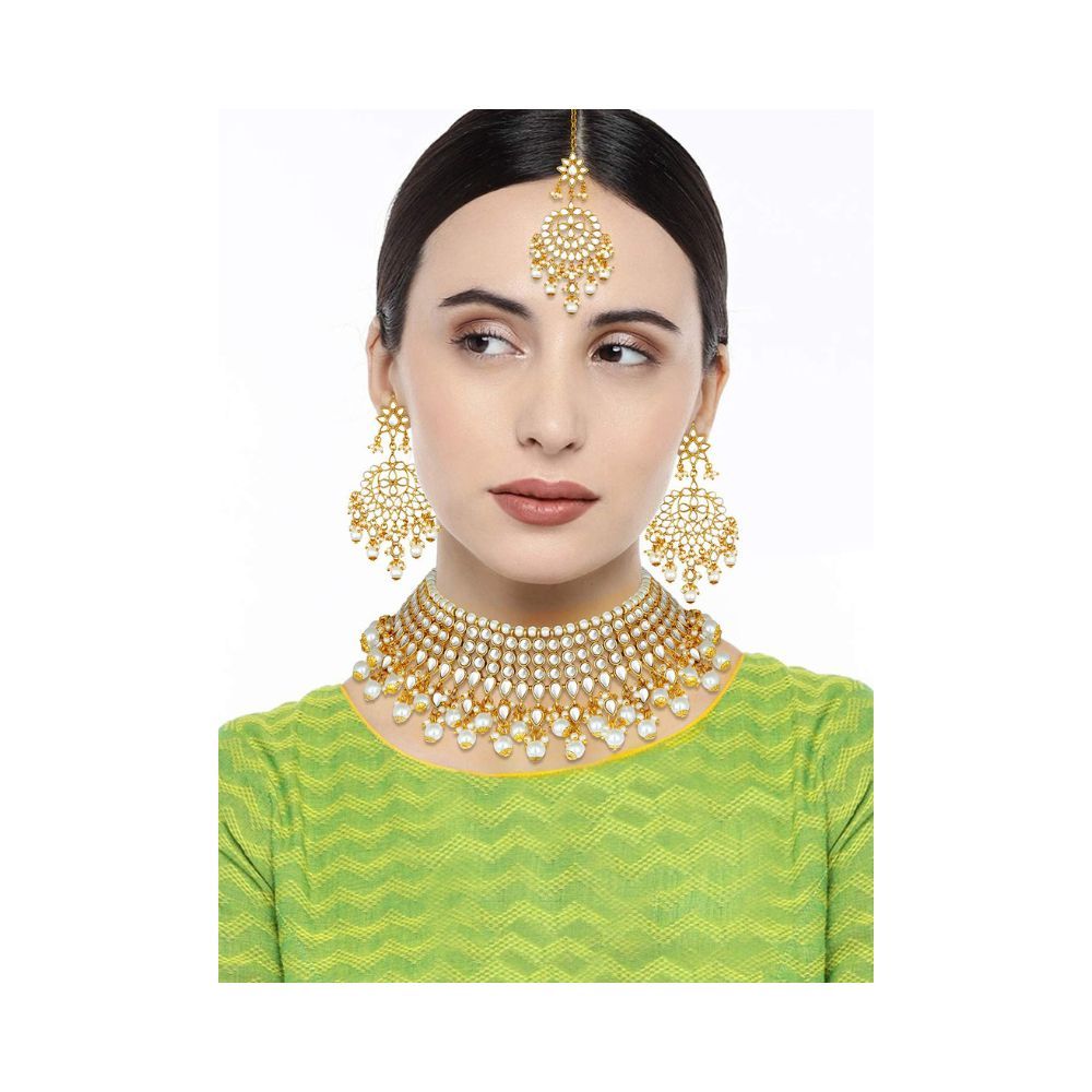 Peora Gold Plated White Pearl Kundan Choker Necklace with Earring Maang Tikka Traditional Ethnic Bridal Jewellery Set for Women