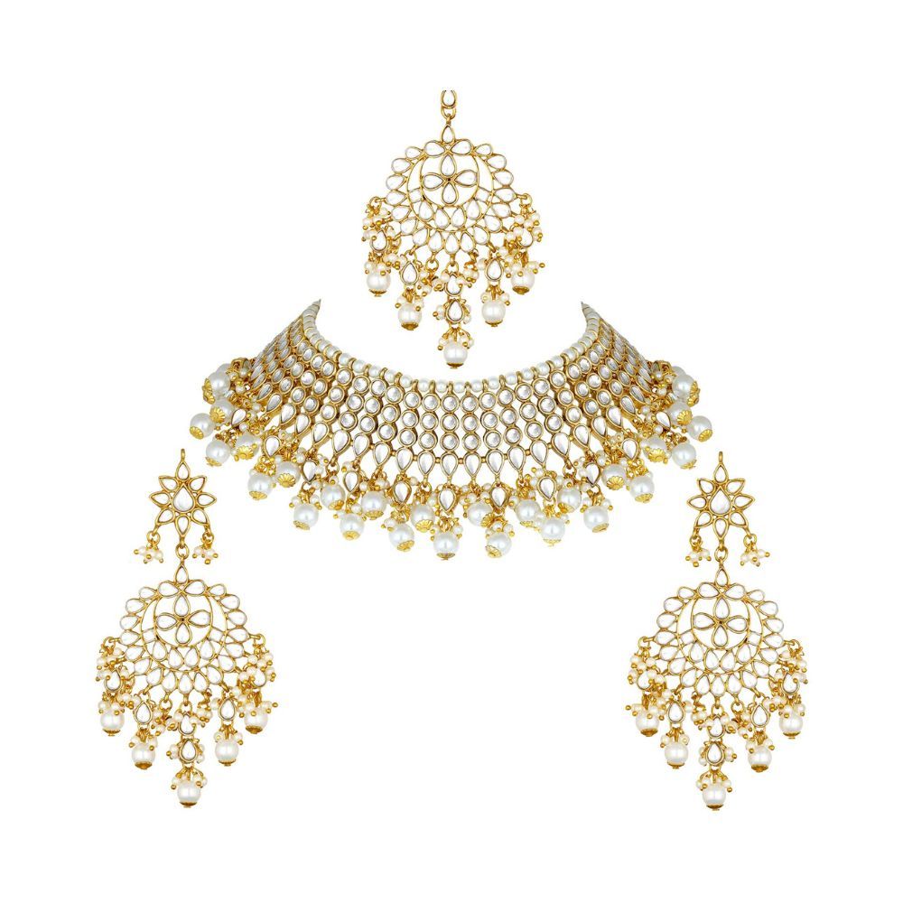 Peora Gold Plated White Pearl Kundan Choker Necklace with Earring Maang Tikka Traditional Ethnic Bridal Jewellery Set for Women