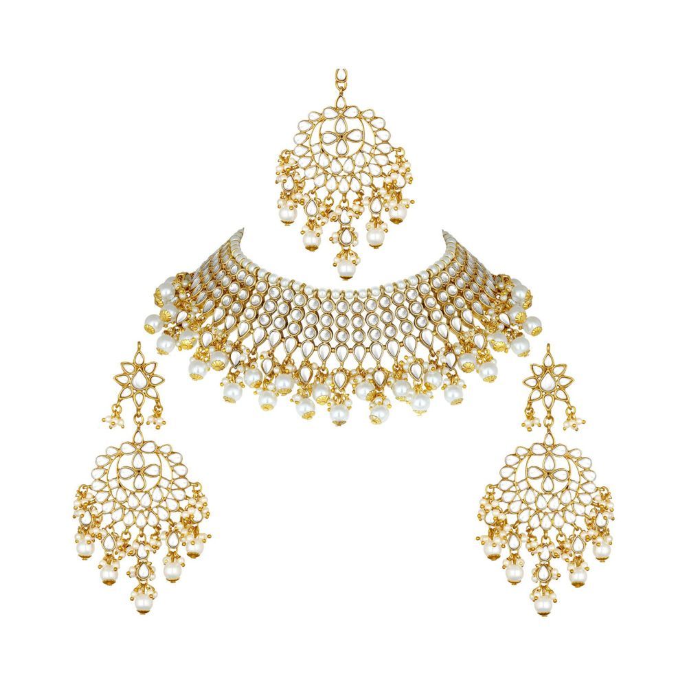 Peora Gold Plated White Pearl Kundan Choker Necklace with Earring Maang Tikka Traditional Ethnic Bridal Jewellery Set for Women