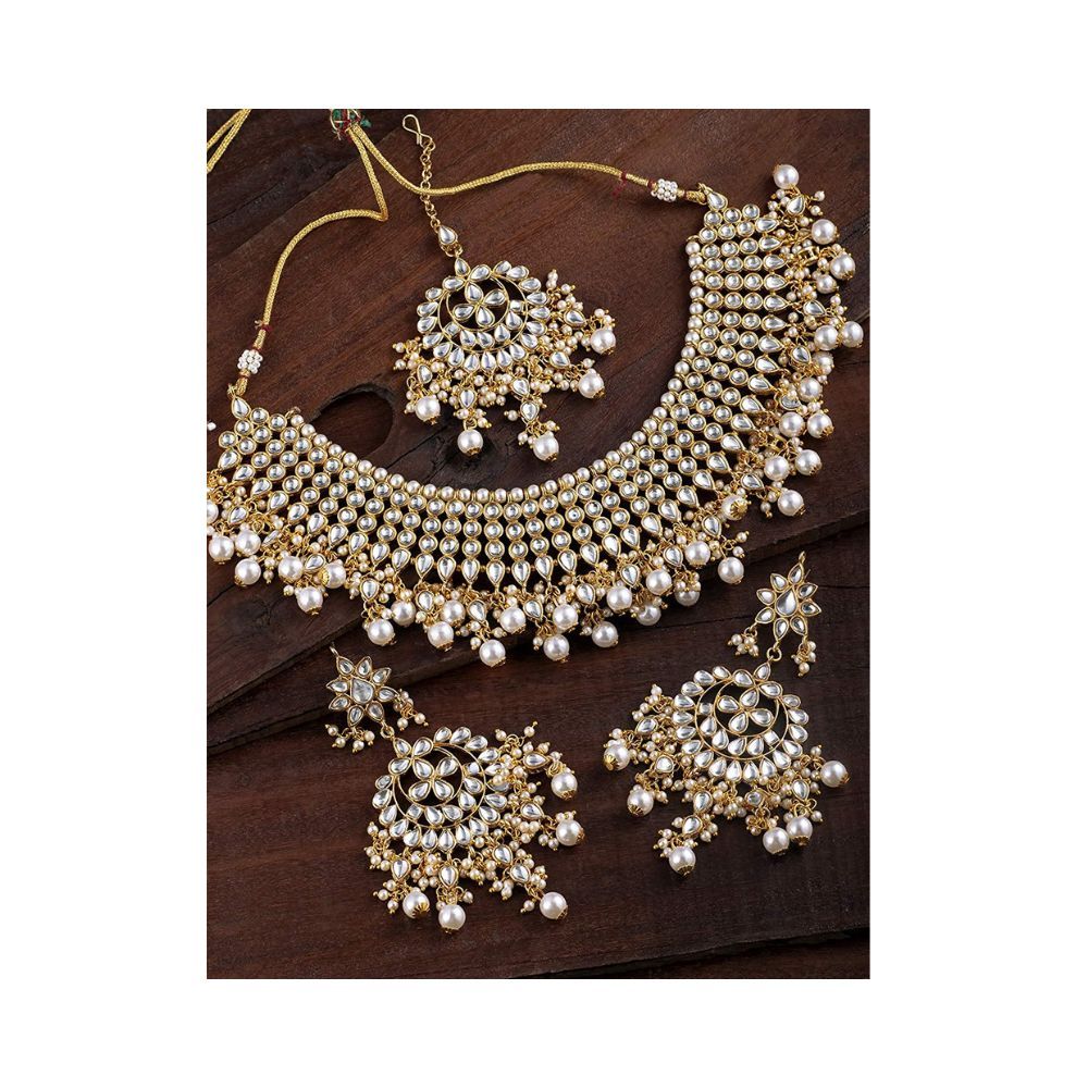 Peora Gold Plated White Pearl Kundan Choker Necklace with Earring Maang Tikka Traditional Ethnic Bridal Jewellery Set for Women