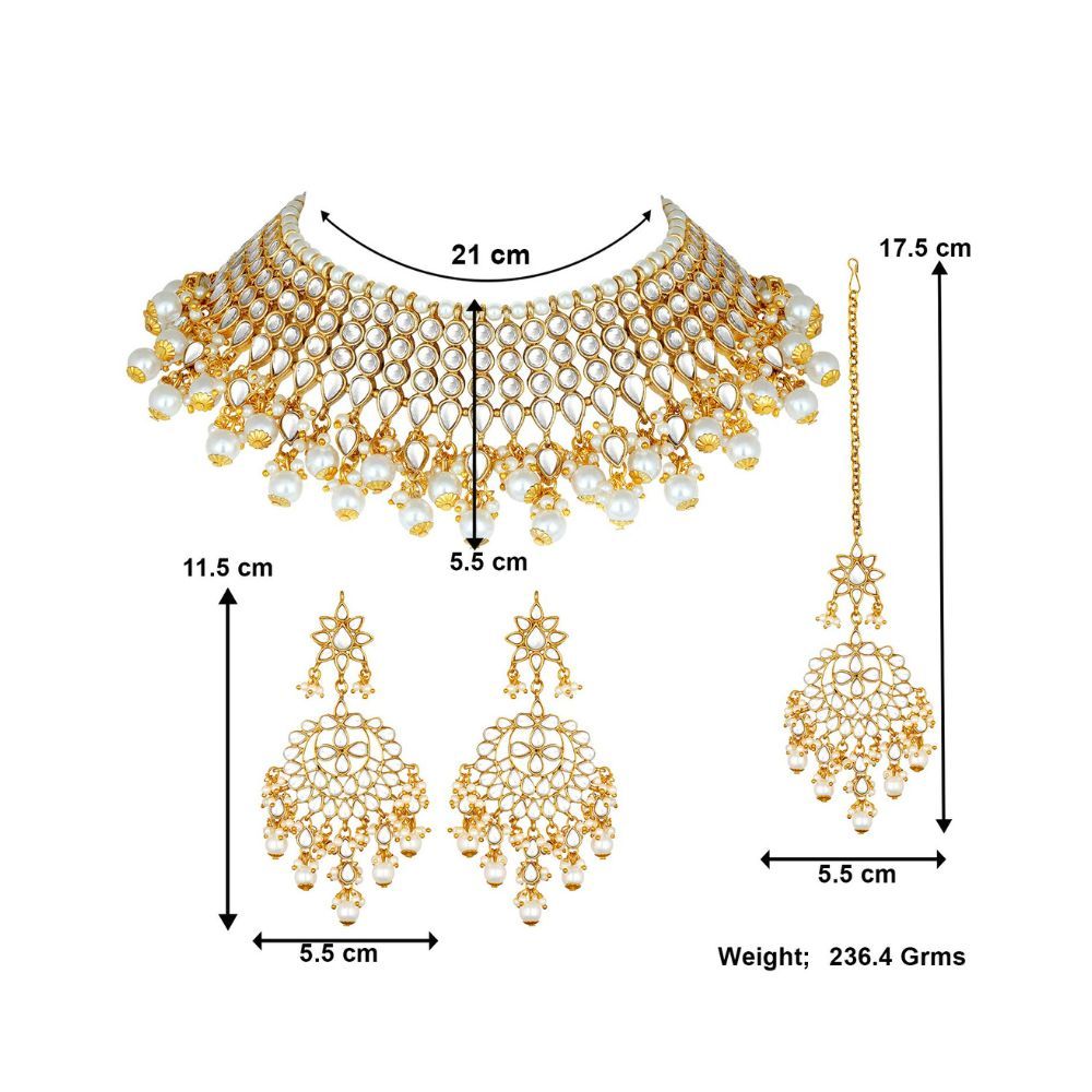 Peora Gold Plated White Pearl Kundan Choker Necklace with Earring Maang Tikka Traditional Ethnic Bridal Jewellery Set for Women