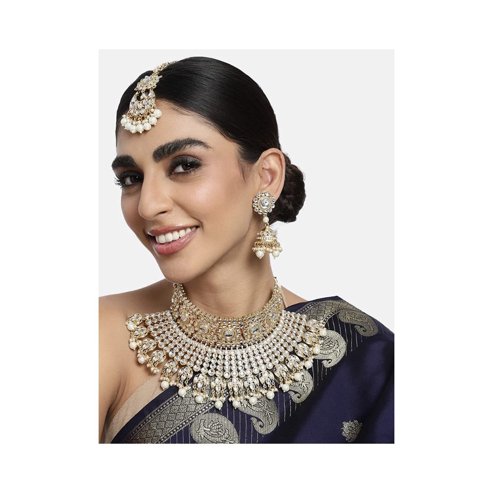 Peora Indian Ethnic Gold Plated Rani Padmavati Kundan Pearl Bridal Choker Necklace Earrings