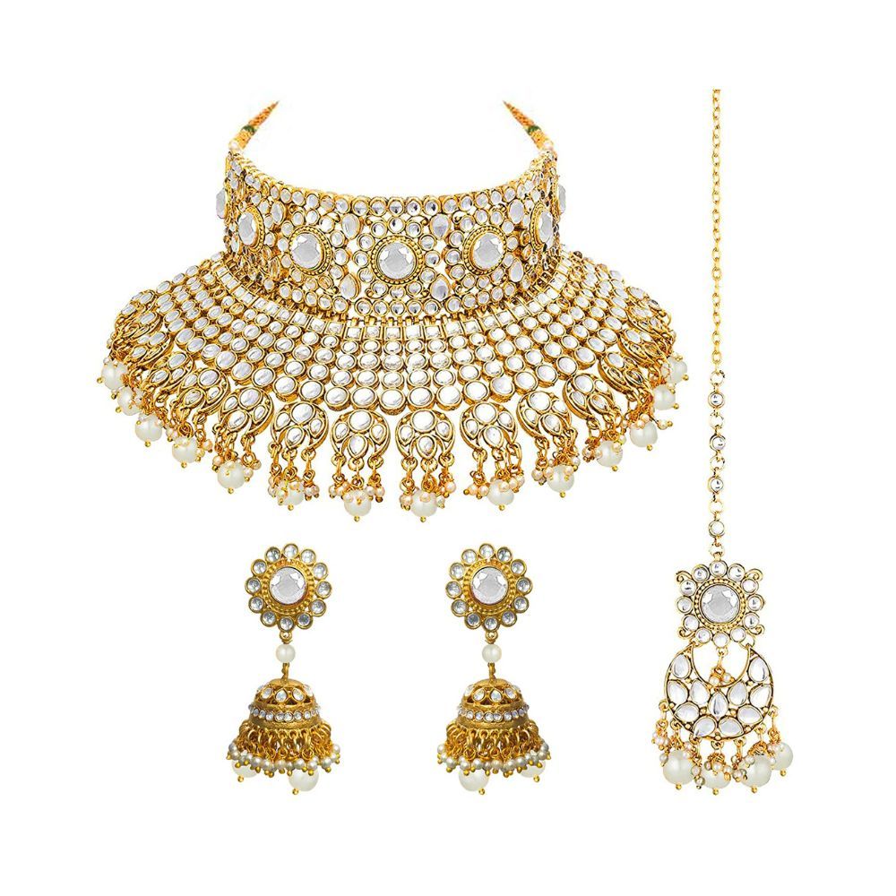 Peora Indian Ethnic Gold Plated Rani Padmavati Kundan Pearl Bridal Choker Necklace Earrings