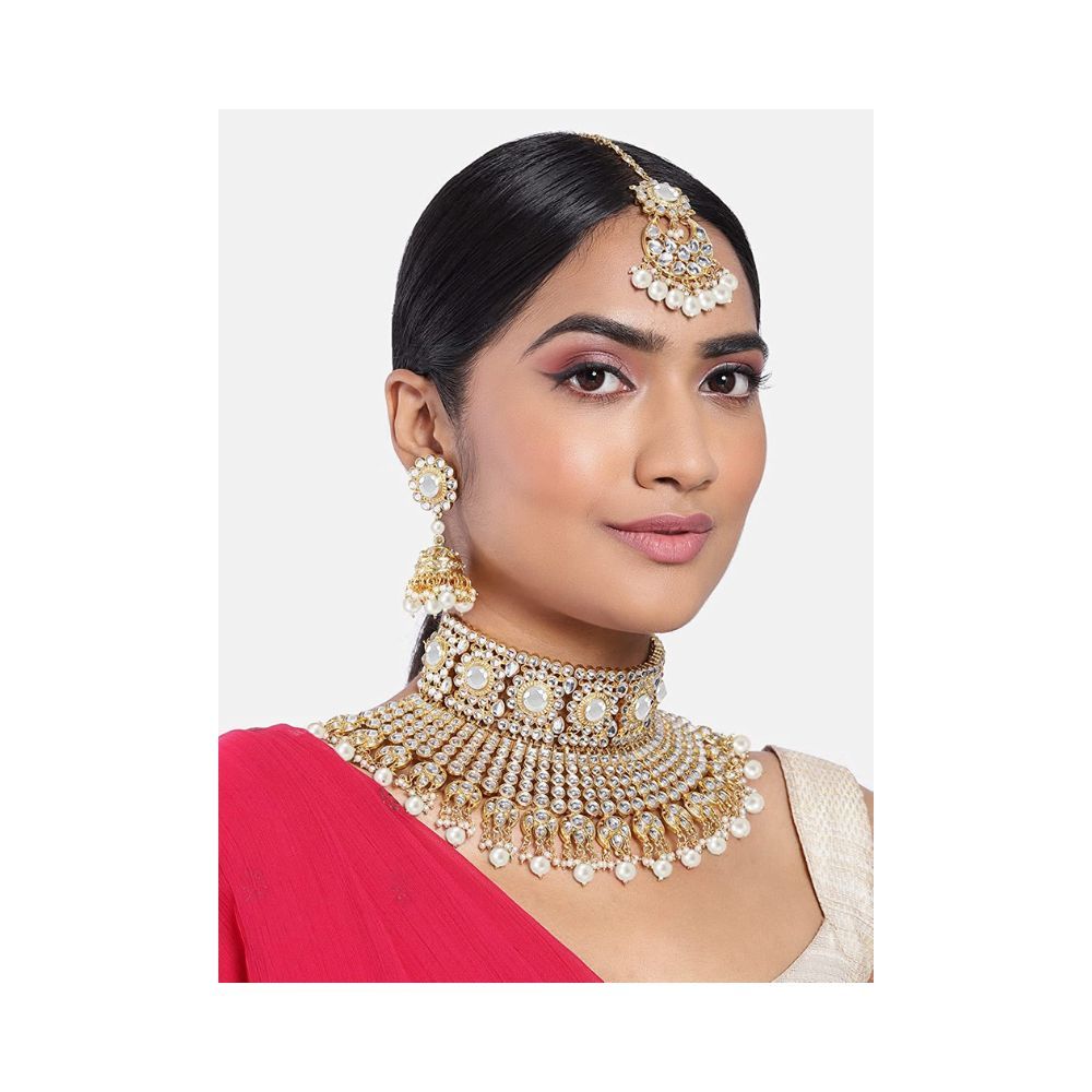 Peora Indian Ethnic Gold Plated Rani Padmavati Kundan Pearl Bridal Choker Necklace Earrings
