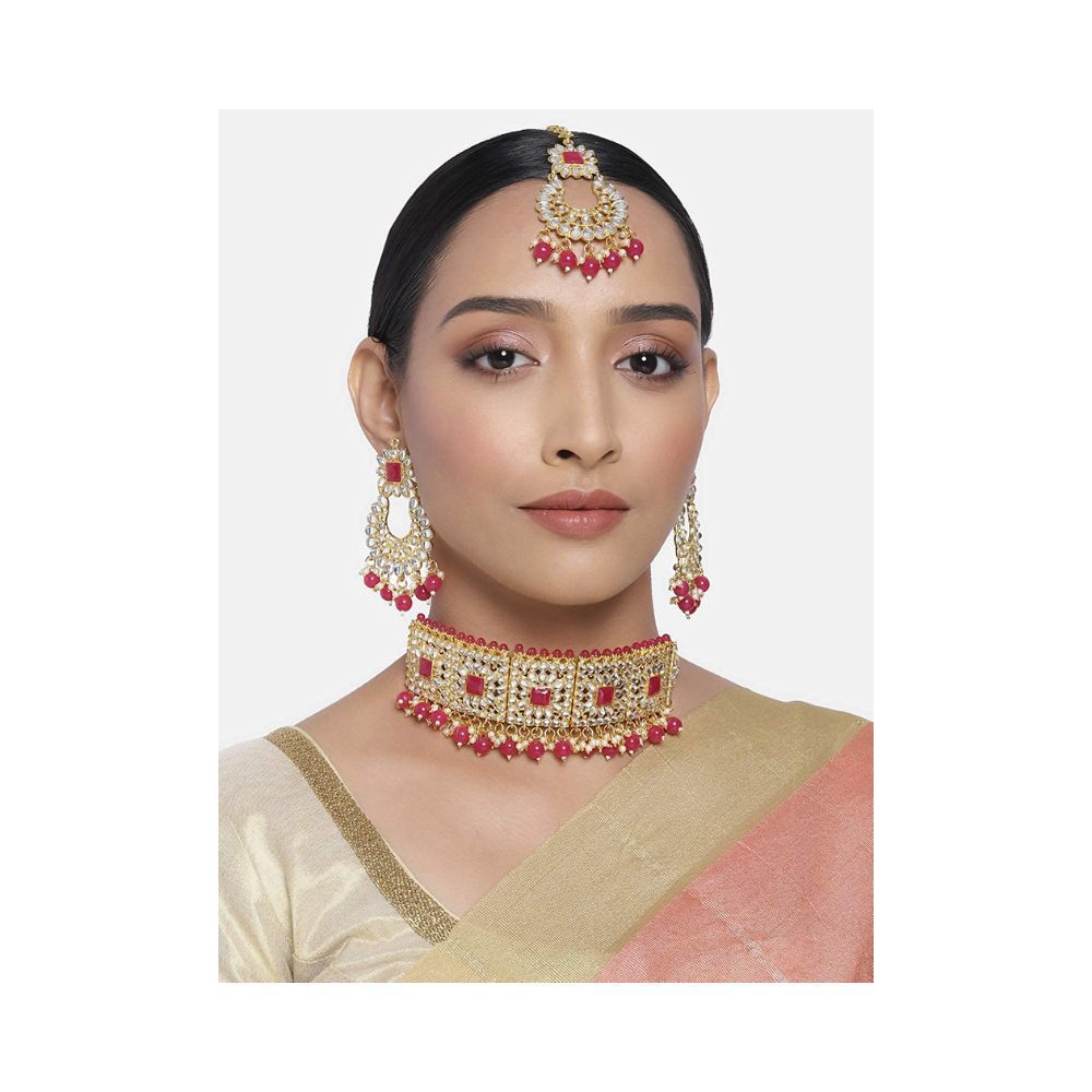 Peora Rani Padmavati Dulhan Bridal Kundan Faux Pearl Choker Necklace with Earrings Maang Tikka for Women Girls Indian Traditional Jewellery set