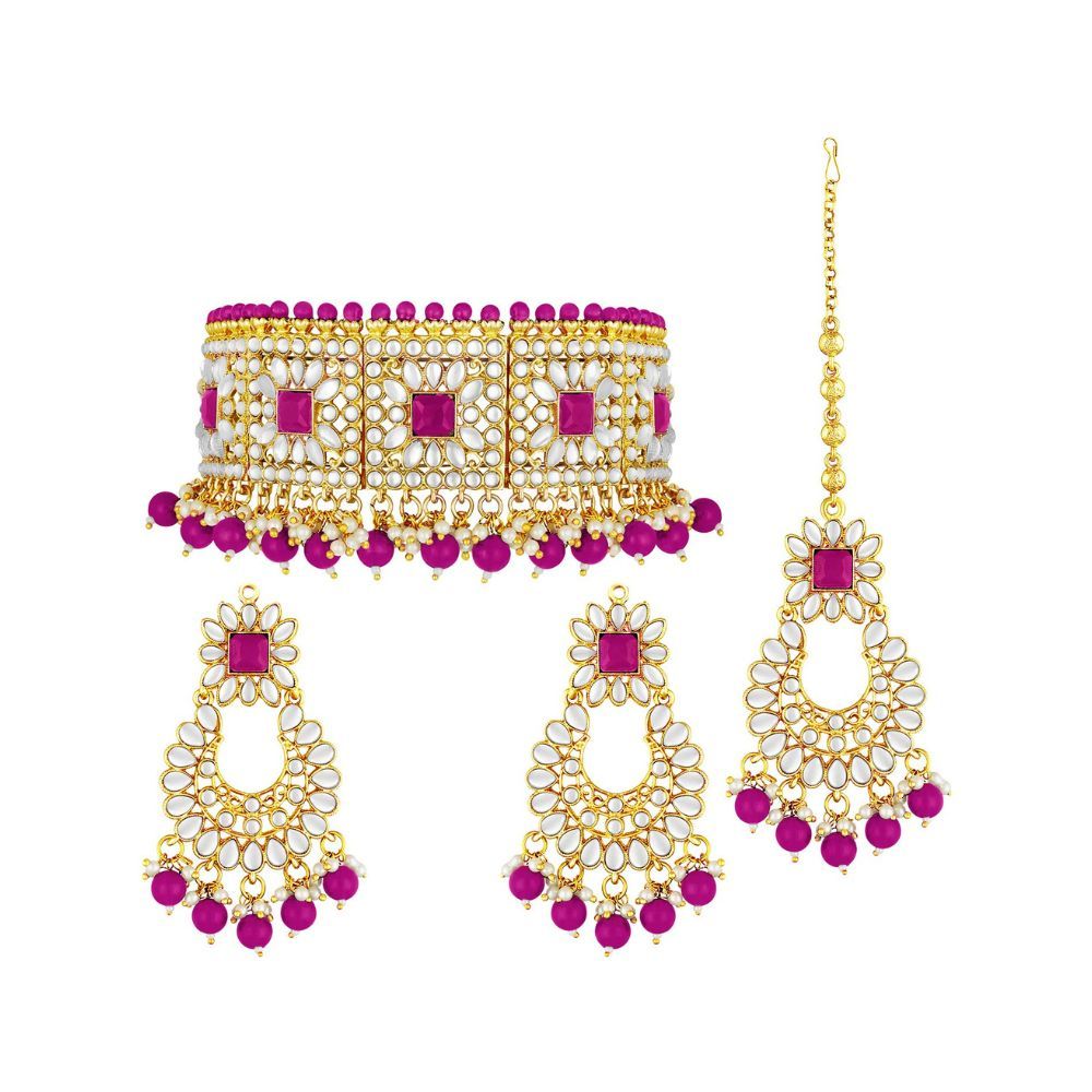 Peora Rani Padmavati Dulhan Bridal Kundan Faux Pearl Choker Necklace with Earrings Maang Tikka for Women Girls Indian Traditional Jewellery set