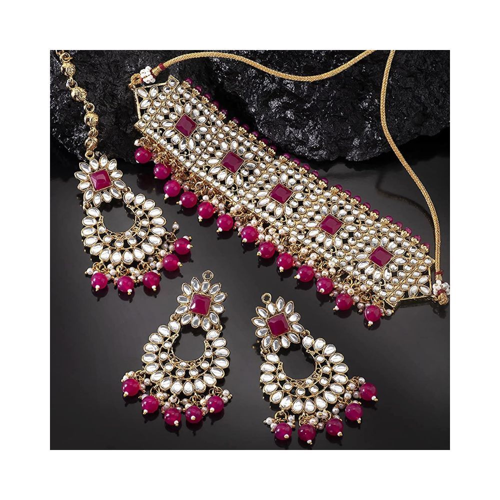 Peora Rani Padmavati Dulhan Bridal Kundan Faux Pearl Choker Necklace with Earrings Maang Tikka for Women Girls Indian Traditional Jewellery set