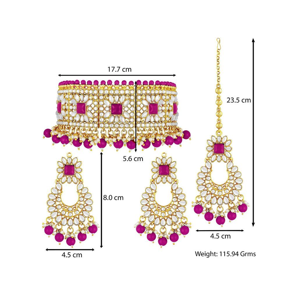 Peora Rani Padmavati Dulhan Bridal Kundan Faux Pearl Choker Necklace with Earrings Maang Tikka for Women Girls Indian Traditional Jewellery set