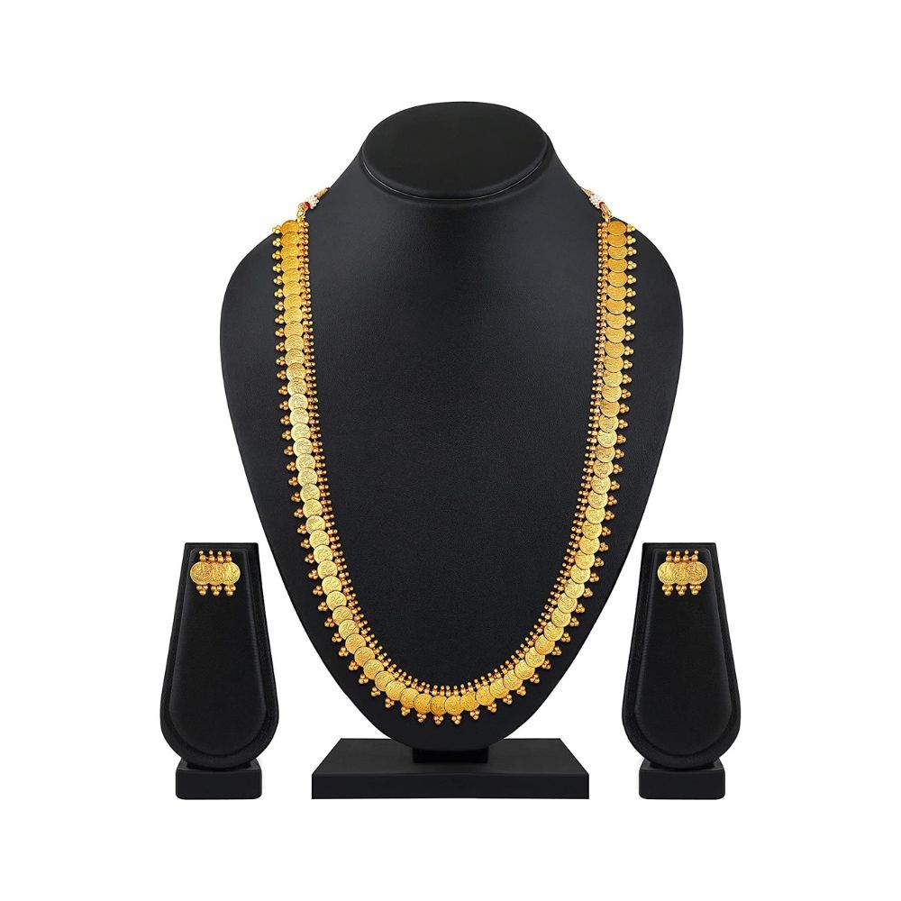 Peora South Indian Traditional Bridal Long Maharani Coin Necklace Earrings Jewellery Sets for Women and Girls
