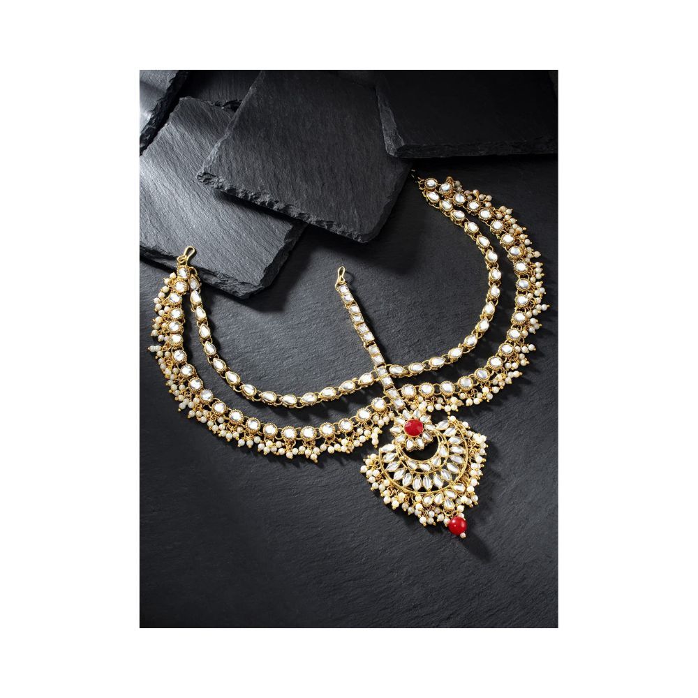 Peora Traditional 18K Gold Plated Red Kundan Pearl Maang Tikka Matha Patti for Women Girls