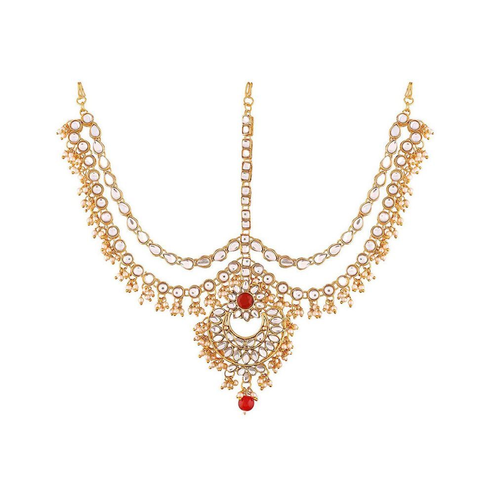 Peora Traditional 18K Gold Plated Red Kundan Pearl Maang Tikka Matha Patti for Women Girls