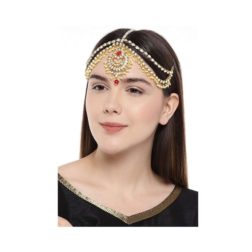 Peora Traditional 18K Gold Plated Red Kundan Pearl Maang Tikka Matha Patti for Women Girls