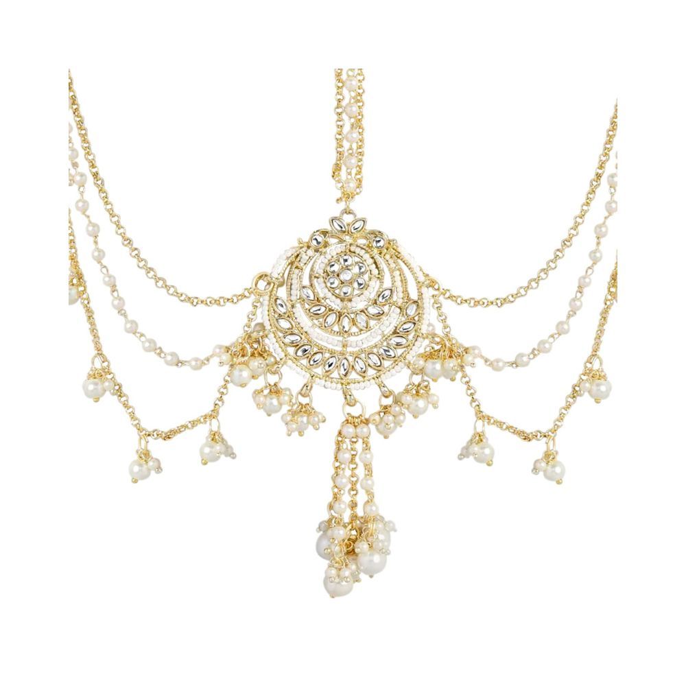 Peora Traditional Gold Plated White Kundan Pearl Studded Maang Tikka Matha Patti for Women Girls (PF37T2083W)