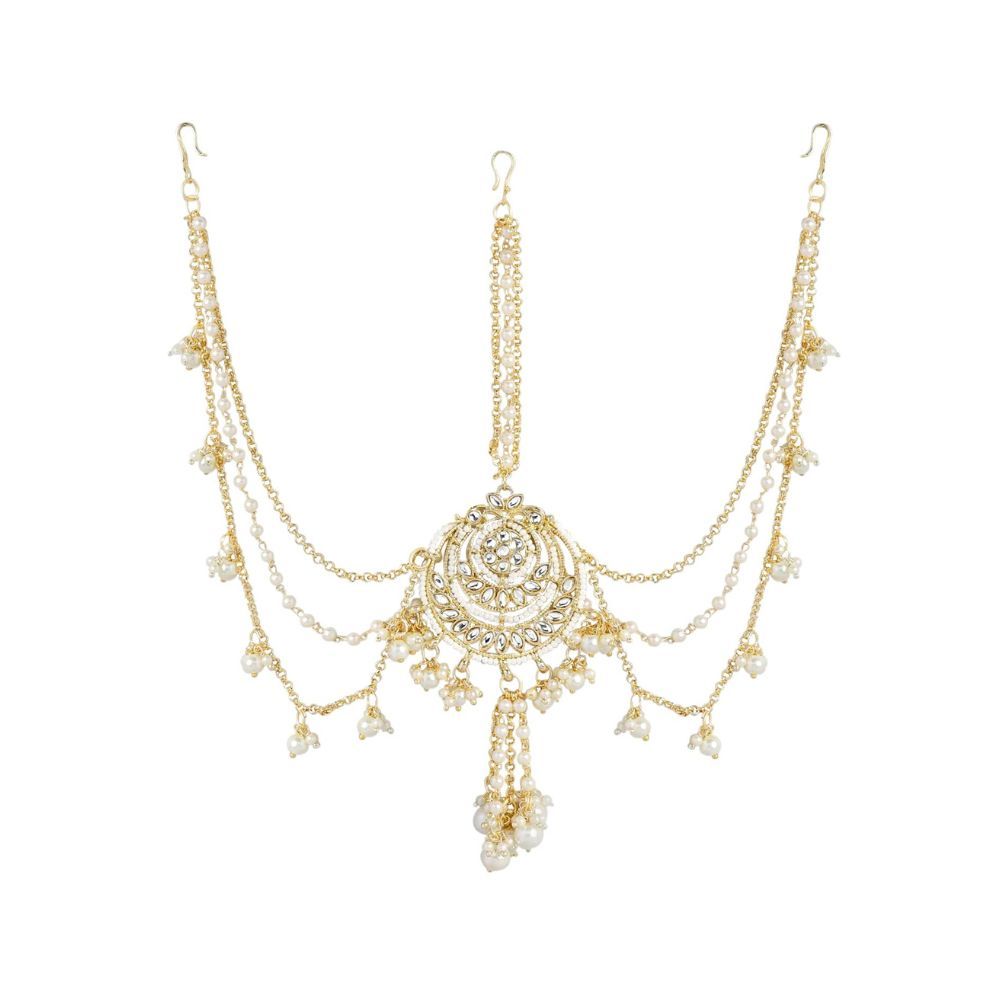 Peora Traditional Gold Plated White Kundan Pearl Studded Maang Tikka Matha Patti for Women Girls (PF37T2083W)