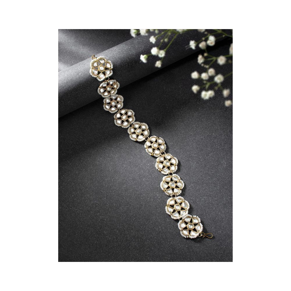 Peora Traditional Gold Plated White Kundan Pearl Studded Matha Patti Hair Accessories for Girls & Women