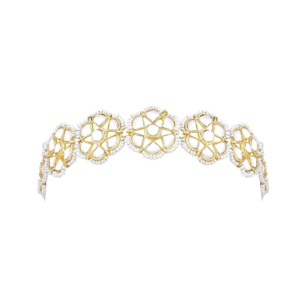 Peora Traditional Gold Plated White Kundan Pearl Studded Matha Patti Hair Accessories for Girls & Women