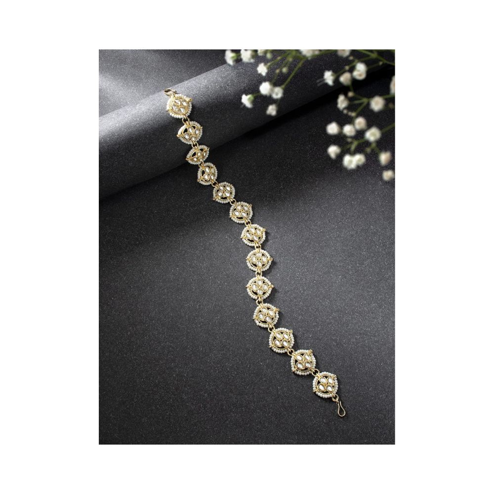 Peora Traditional Gold Plated White Kundan Pearl Studded Matha Patti Hair Accessories for Women Girls