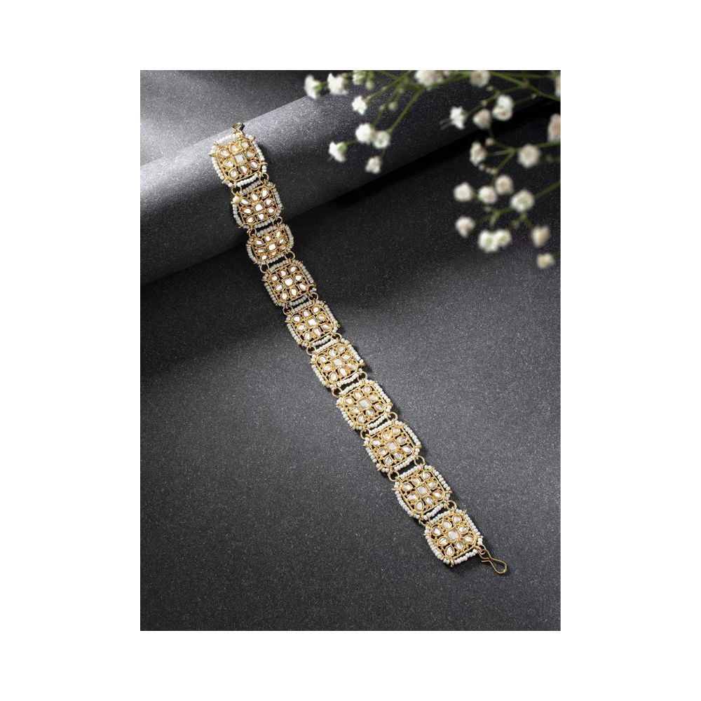 Peora Traditional Gold Plated White Kundan Pearl Studded Matha Patti Hair Accessories Jewellery for Women Girls