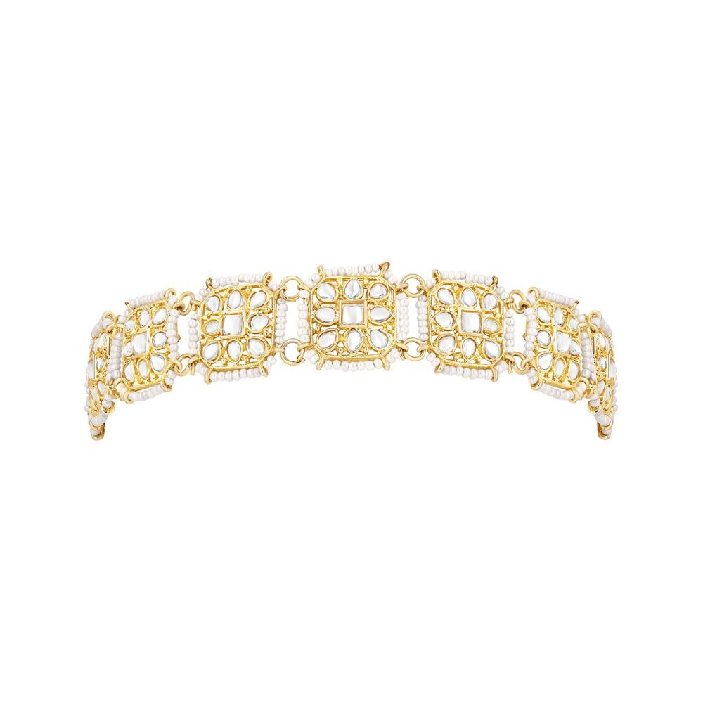 Peora Traditional Gold Plated White Kundan Pearl Studded Matha Patti Hair Accessories Jewellery for Women Girls