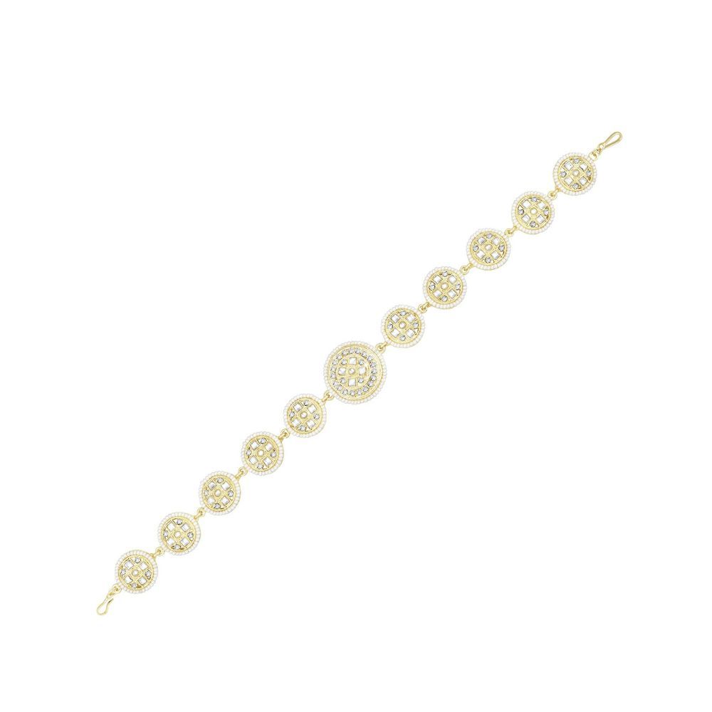 Peora Traditional Gold Plated White Kundan Pearl Studded Sheeshpatti Sheeshphool Matha Patti for Women & Girls