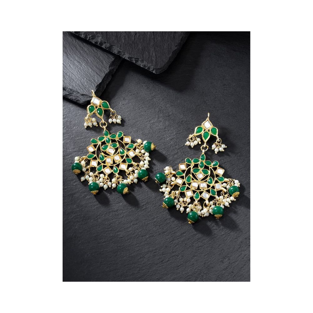 Peora Traditional Jewellery Green 18K Gold Plated Brass Kundan Chandbali Earrings for Women
