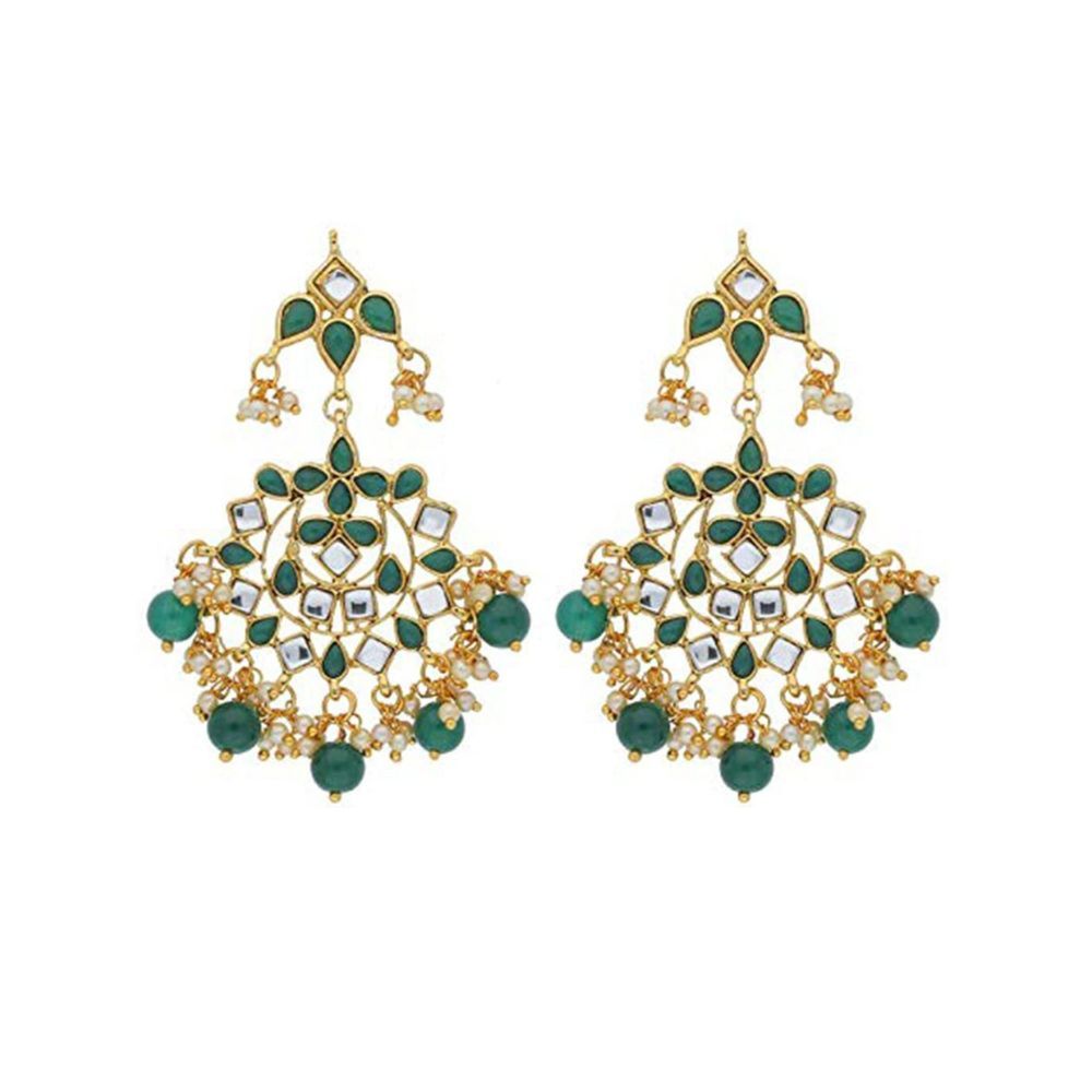 Peora Traditional Jewellery Green 18K Gold Plated Brass Kundan Chandbali Earrings for Women
