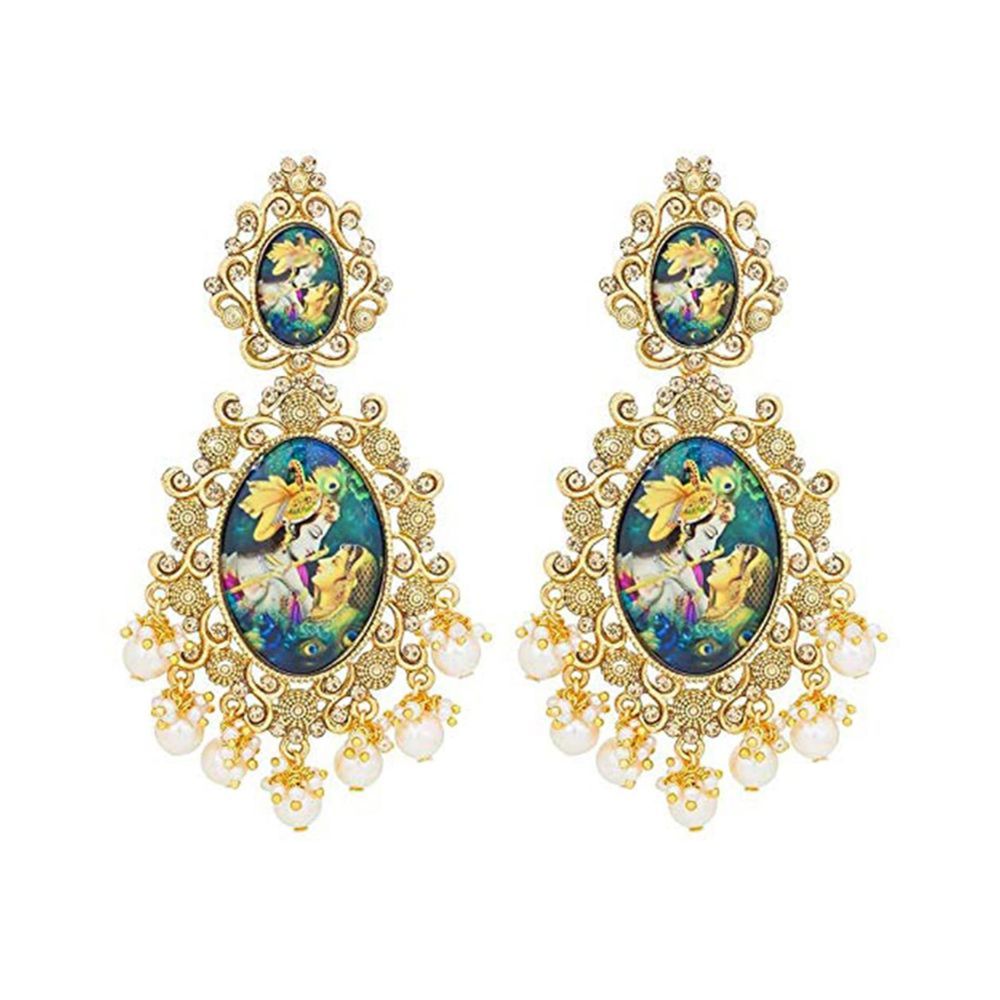 Peora Women's Traditional 18K Gold Plated Pearl Brass Love Inspired Radha Krishna Dangle Earrings