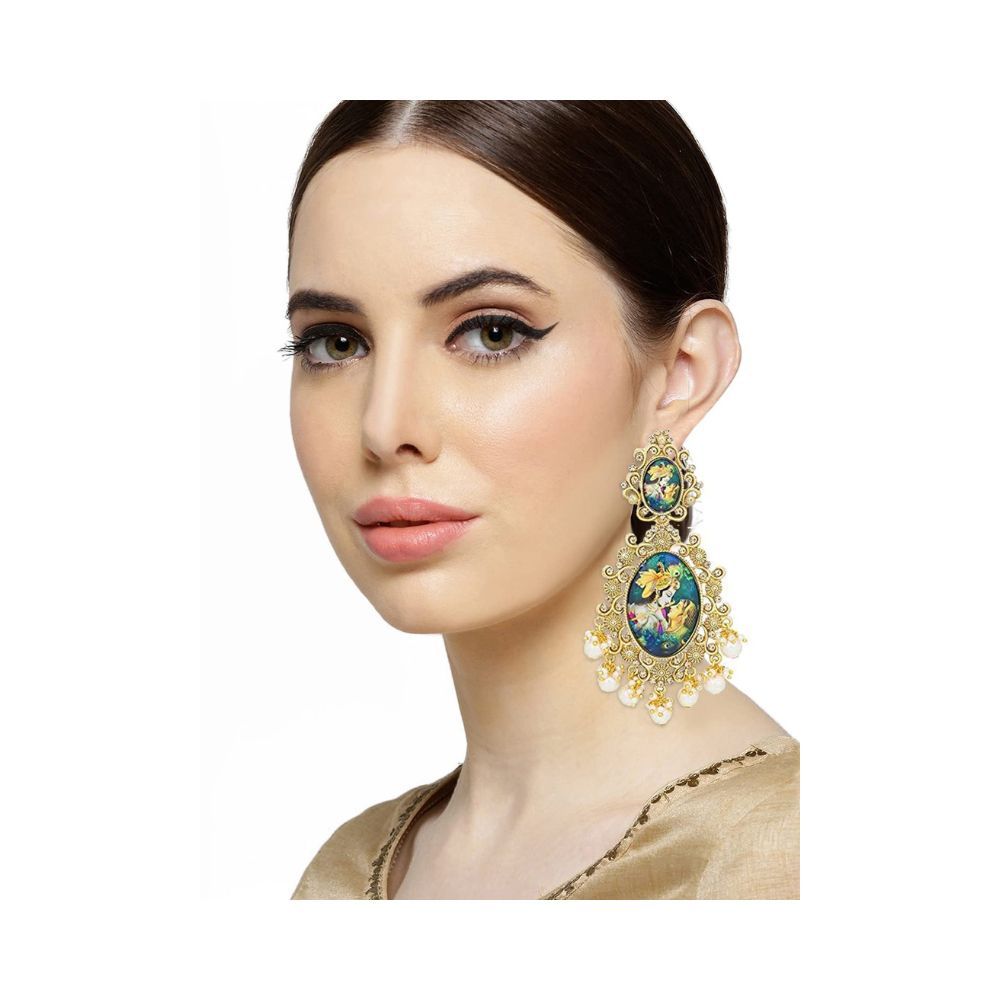 Peora Women's Traditional 18K Gold Plated Pearl Brass Love Inspired Radha Krishna Dangle Earrings