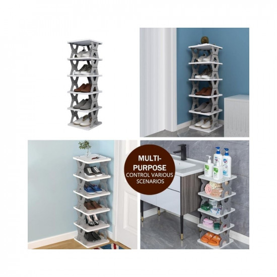 PESOMA 6 Layer Shoe Rack,Stackable Shoe Storage Organizer for Bedroom Entryway, Adjustable Shoe Rack, Shoe Slots Organizer Shelf, Easy Clean Shoe Tower Rack (Grey, 6-Layer)