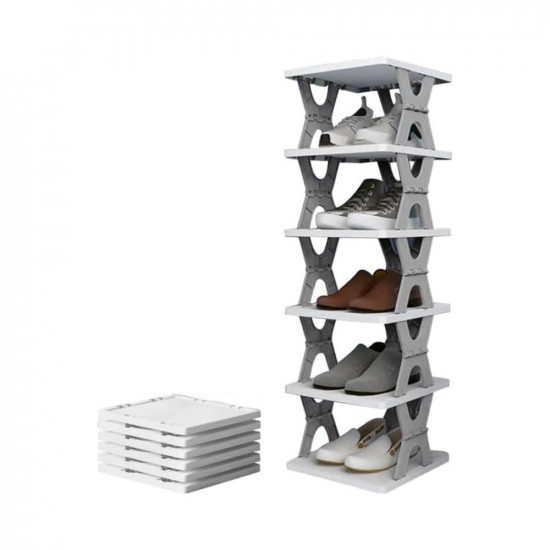 PESOMA 6 Layer Shoe Rack,Stackable Shoe Storage Organizer for Bedroom Entryway, Adjustable Shoe Rack, Shoe Slots Organizer Shelf, Easy Clean Shoe Tower Rack (Grey, 6-Layer)