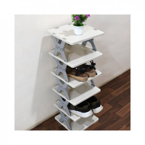 PESOMA 6 Layer Shoe Rack,Stackable Shoe Storage Organizer for Bedroom Entryway, Adjustable Shoe Rack, Shoe Slots Organizer Shelf, Easy Clean Shoe Tower Rack (Grey, 6-Layer)