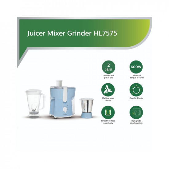 Philips Amaze HL7575/00 600-Watt Juicer Mixer Grinder with 2 Jars (Celestial Blue/Bright White)