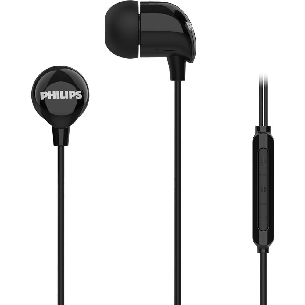 PHILIPS Audio TAE1159BK00 in-Ear Wired Earphones with C-Type Jack 10mm Drivers Inline Mic Powerful Bass and Clear Sound Tangle Free 12m Cable and 3 x Inter Changeable Ear Tips Black