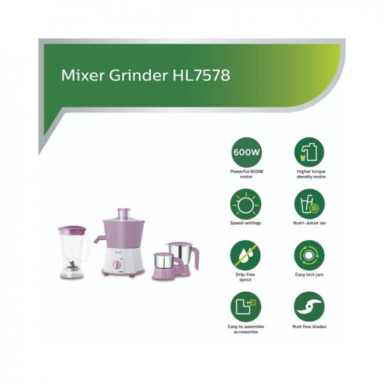 Philips Avenger HL7581 600 Juicer Mixer Grinder (Pink, 3 Jars)