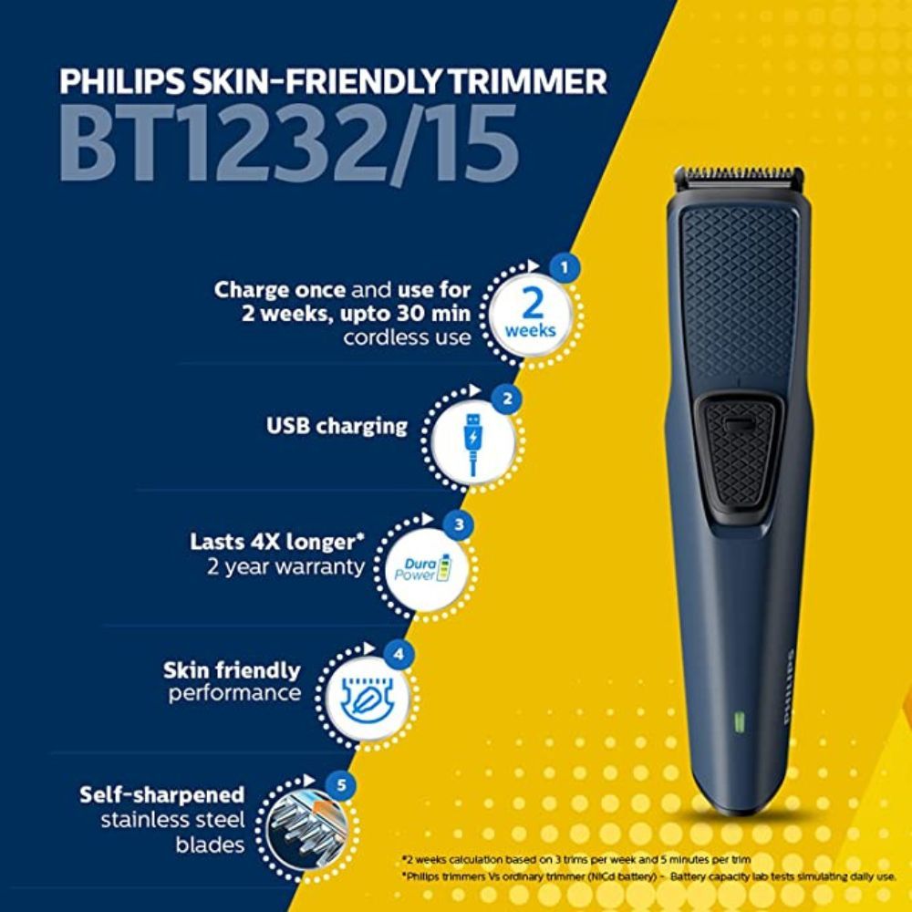 PHILIPS BT1232/15 Skin-friendly Beard Trimmer, Blue