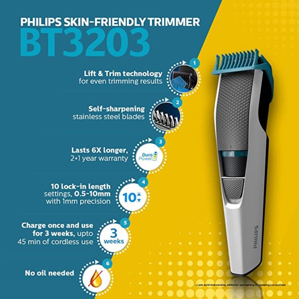 Philips BT3203/15 cordless rechargeable Beard Trimmer - 10 length settings; 45 min run time, White
