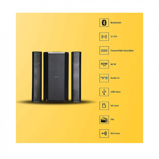 Philips Convertible Soundbar MMS8085B/94 2.1 Channel 80W with Multiple-Connectivity Option (Black)