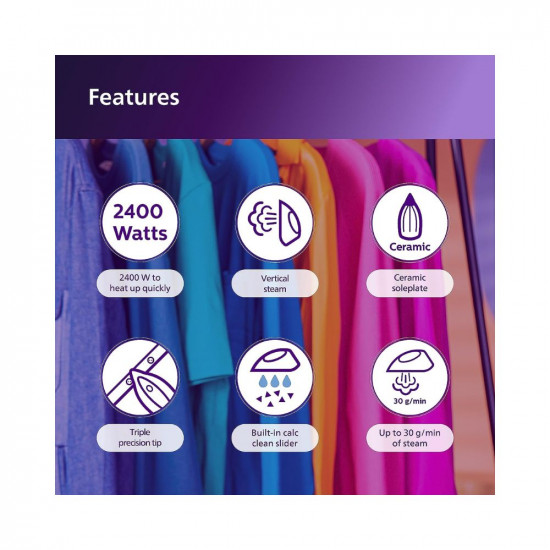 Philips EasySpeed Plus Steam Iron GC2147/30-2400W, Quick Heat up with up to 30 g/min steam, 150g steam Boost, Scratch Resistant Ceramic Soleplate, Vertical steam, Drip-Stop