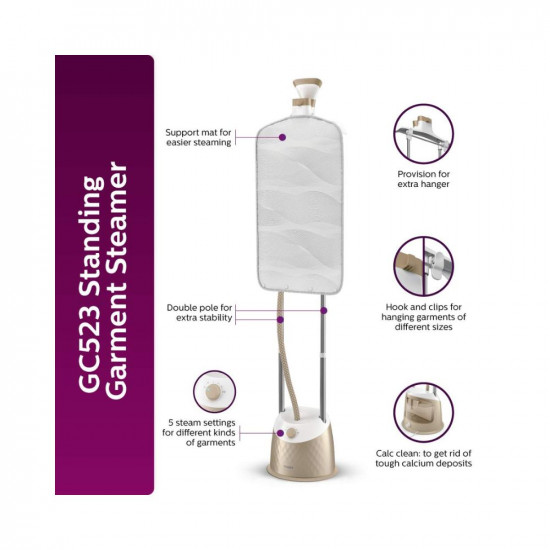 Philips EasyTouch Plus Standing Garment Steamer GC523/60 - 1600 Watt, 5 Steam Settings, Up to 32 g/min steam, with Double Pole